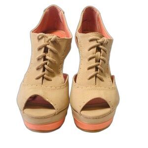Peep Toe Wedge Heels Nude Tan Lace Up Cutout Espadrille Platform Coral Trim